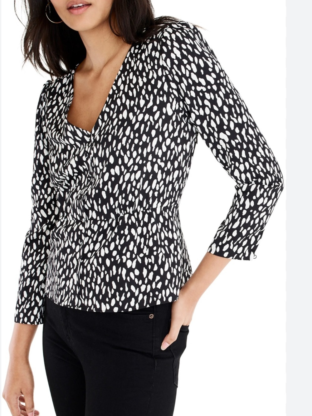 J. Crew Black and White V-Neck Printed button down peplum Blouse